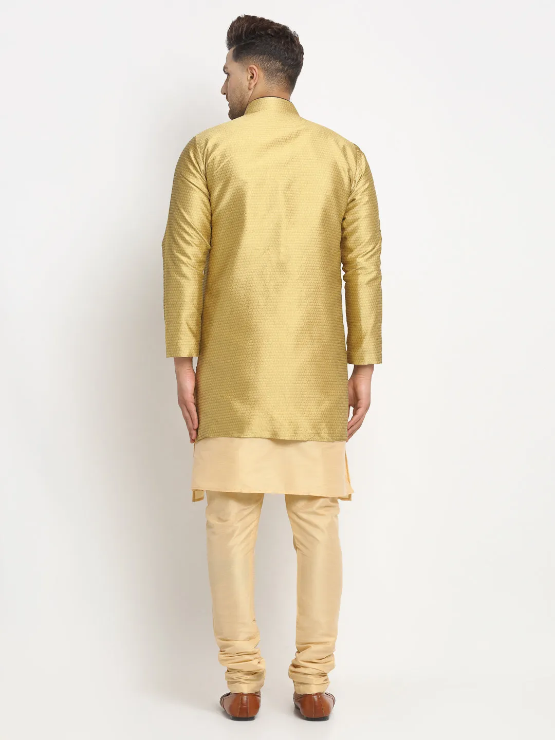 Men's Gold Kurta With Pyjama & Gold Self Design Jacket - Benstoke