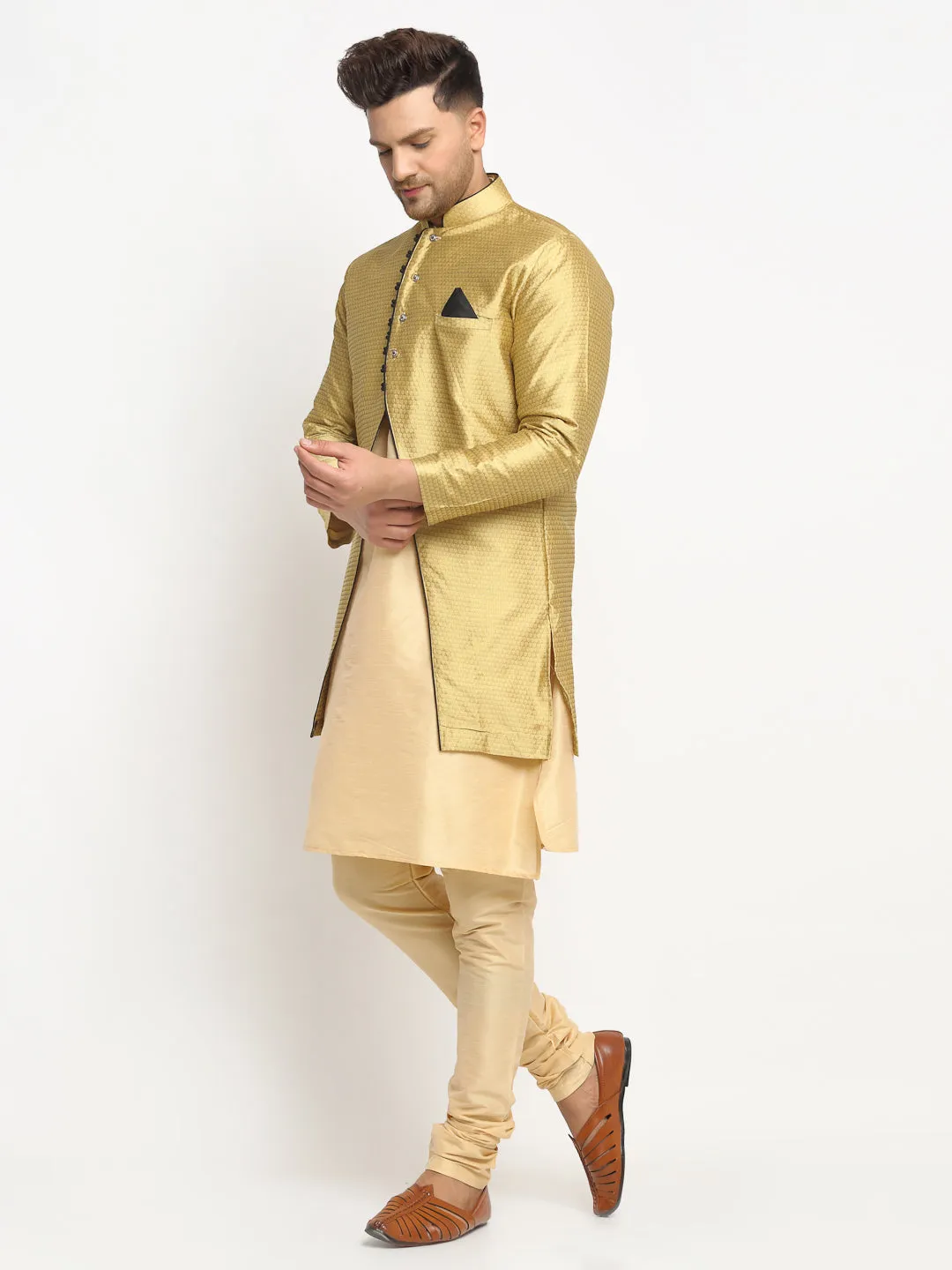 Men's Gold Kurta With Pyjama & Gold Self Design Jacket - Benstoke