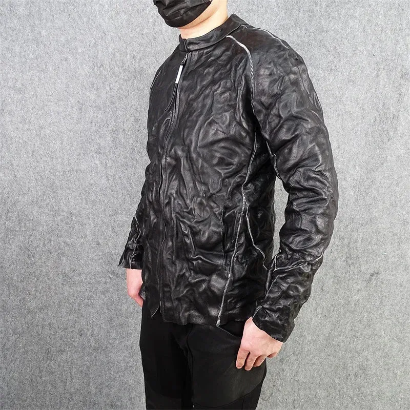 Men's Gothic Style Cowhide Jacket with Stand Collar