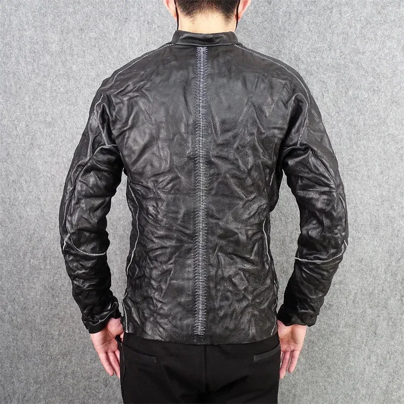 Men's Gothic Style Cowhide Jacket with Stand Collar