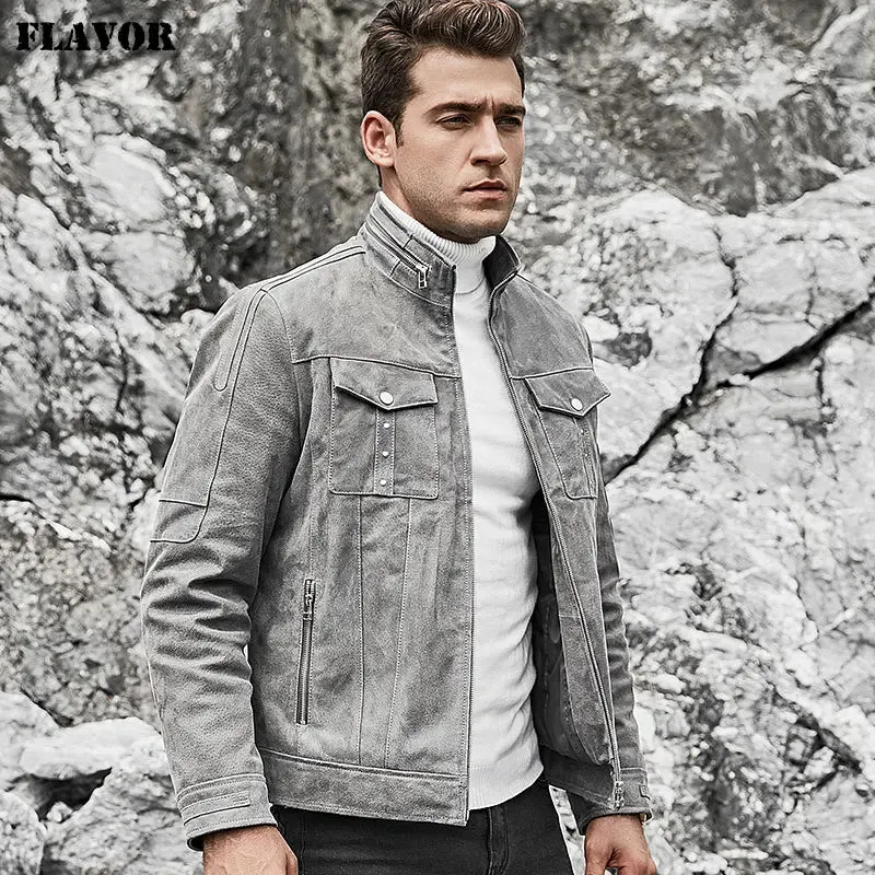 Men's Grey Leather Biker Coat