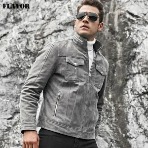 Men's Grey Leather Biker Coat