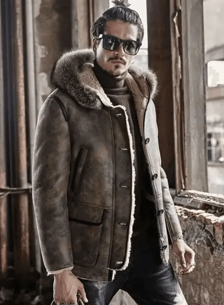 Mens Hooded Shearling Parka Leather Bomber Jacket