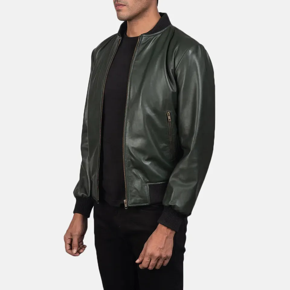 Mens Olive Green Leather Bomber Jacket