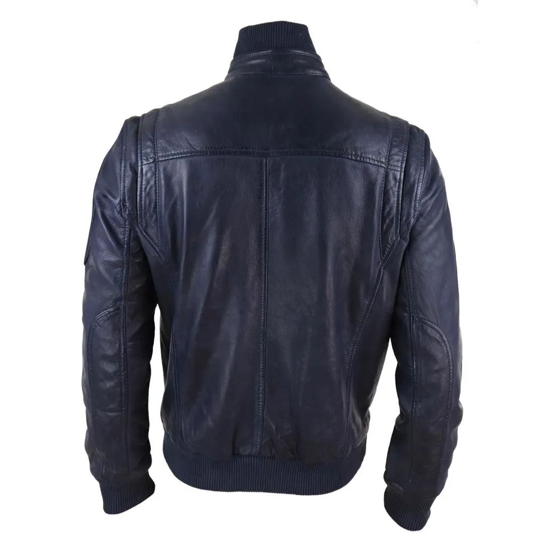 Mens Real Leather Bomber Jacket Smart Casual Blue Brown High Elasticated Neck