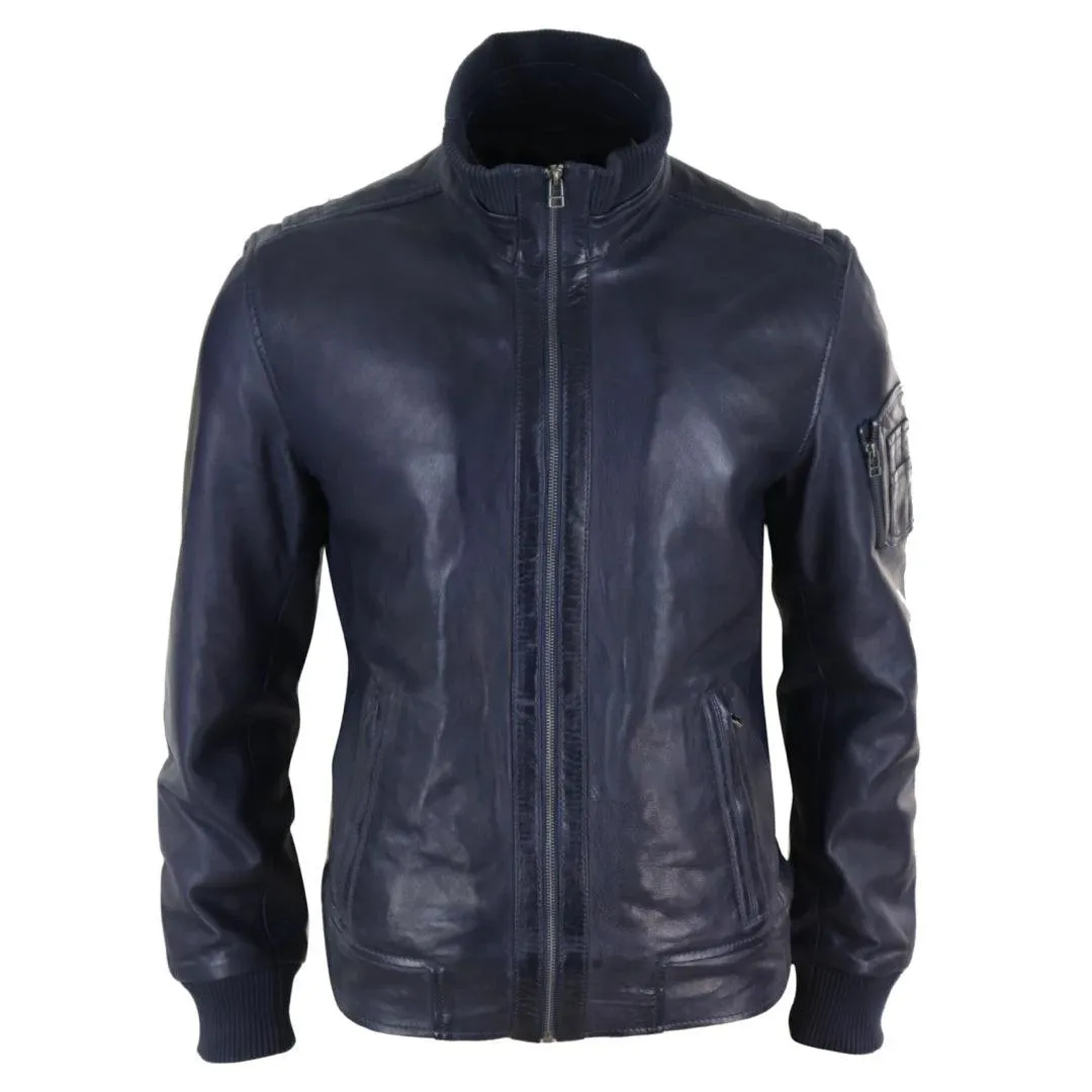 Mens Real Leather Bomber Jacket Smart Casual Blue Brown High Elasticated Neck