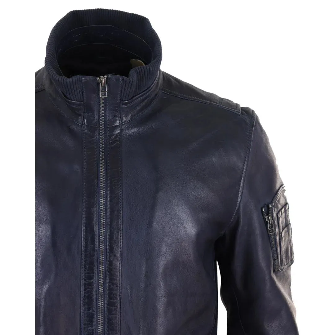 Mens Real Leather Bomber Jacket Smart Casual Blue Brown High Elasticated Neck