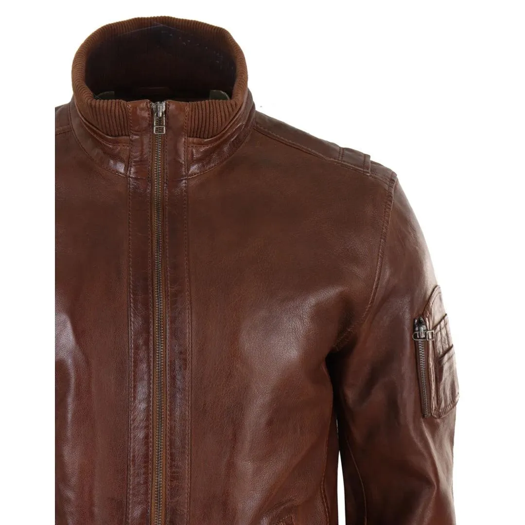 Mens Real Leather Bomber Jacket Smart Casual Blue Brown High Elasticated Neck