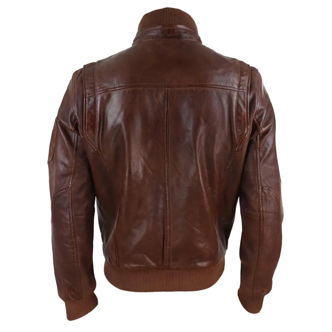 Mens Real Leather Bomber Jacket Smart Casual Blue Brown High Elasticated Neck