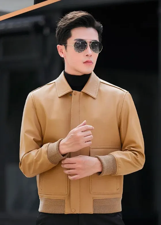 Men's Short Polo Collar Casual Sheepskin Coat