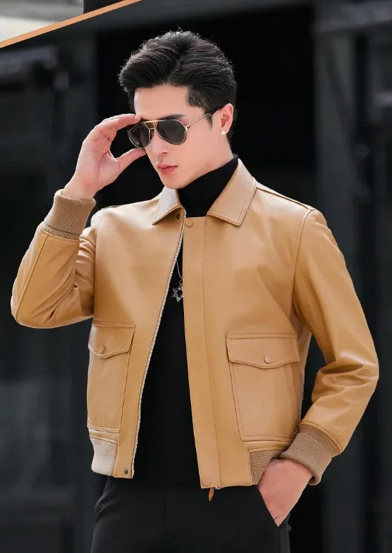 Men's Short Polo Collar Casual Sheepskin Coat