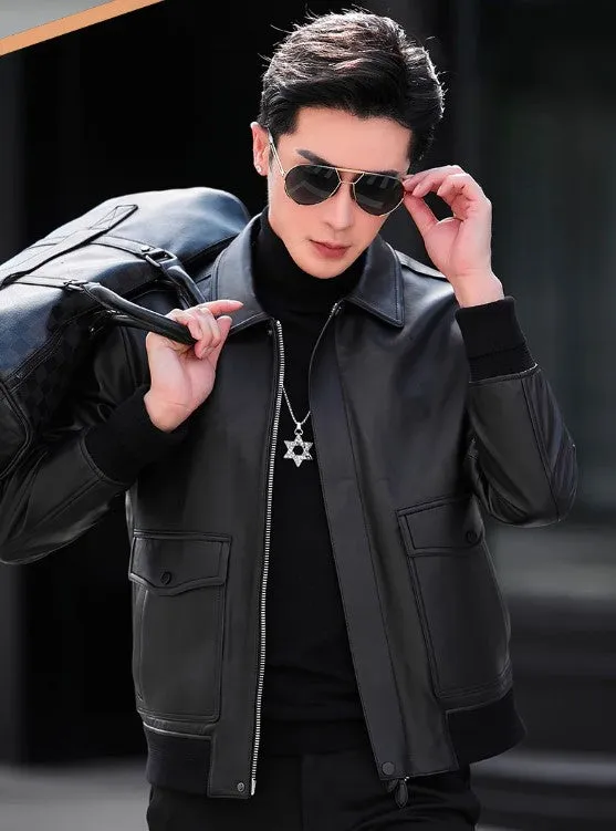 Men's Short Polo Collar Casual Sheepskin Coat