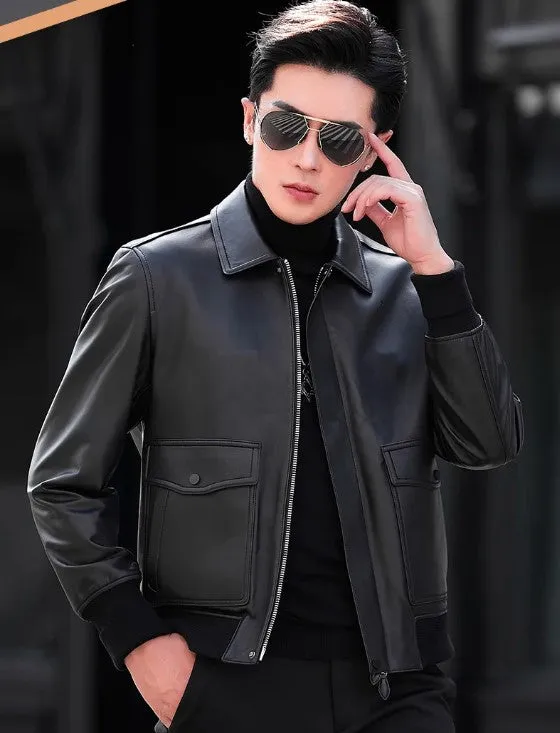 Men's Short Polo Collar Casual Sheepskin Coat