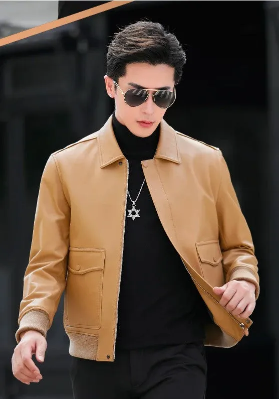 Men's Short Polo Collar Casual Sheepskin Coat