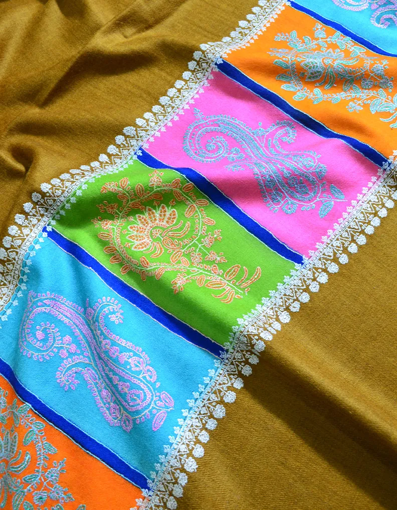 Mustard Pashmina Shawl With Multicolored Borders & Sozni Work 6215