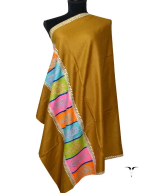 Mustard Pashmina Shawl With Multicolored Borders & Sozni Work 6215