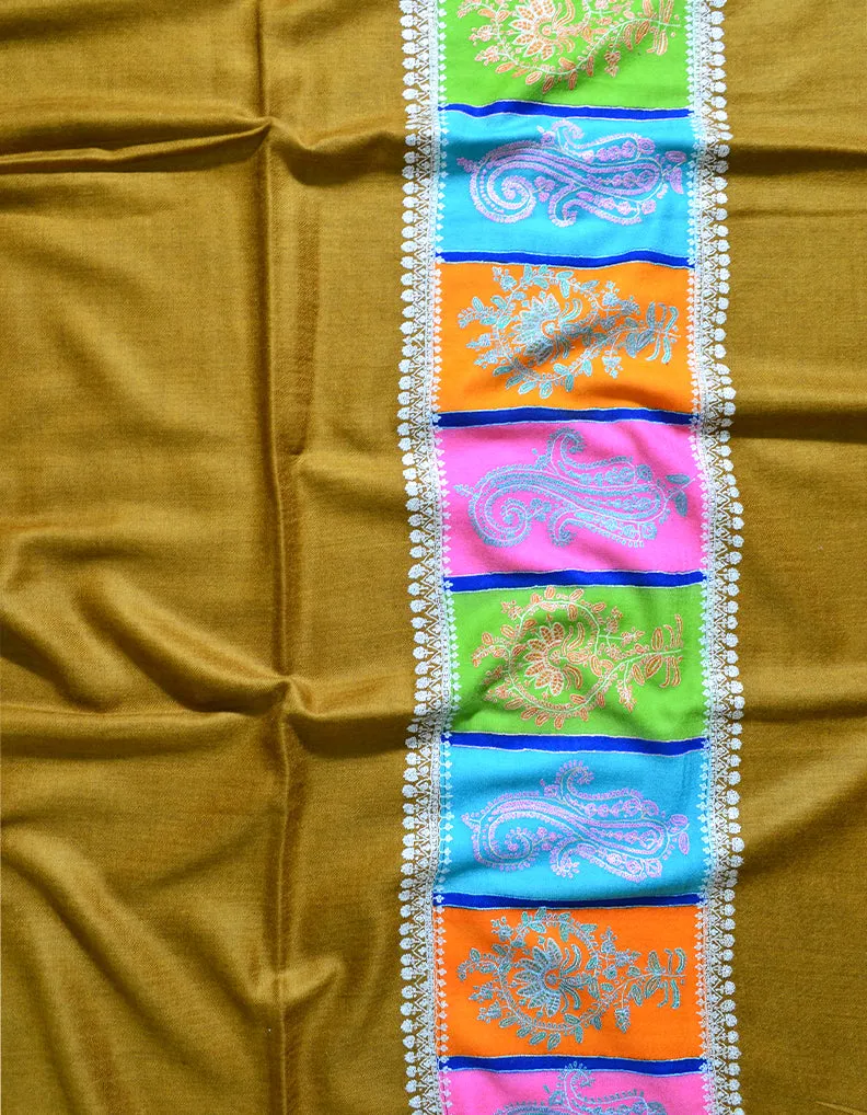 Mustard Pashmina Shawl With Multicolored Borders & Sozni Work 6215