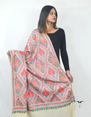 Natural White Pashmina Shawl With Sozni Chinar work 5654