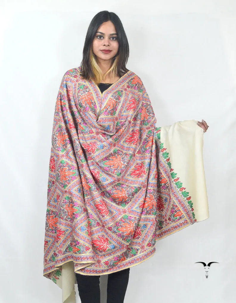 Natural White Pashmina Shawl With Sozni Chinar work 5654