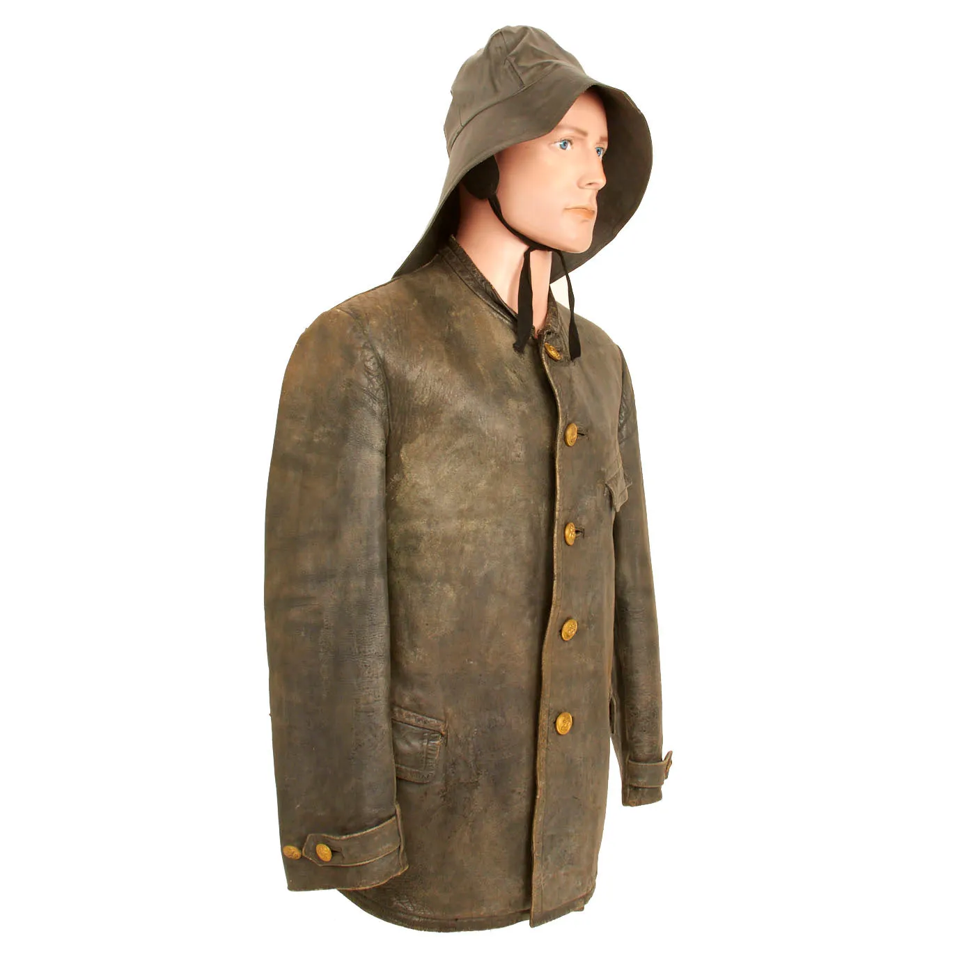 Original WWII German Kriegsmarine Leather Deck Jacket and Rubber Foul Weather Hat - dated 1942