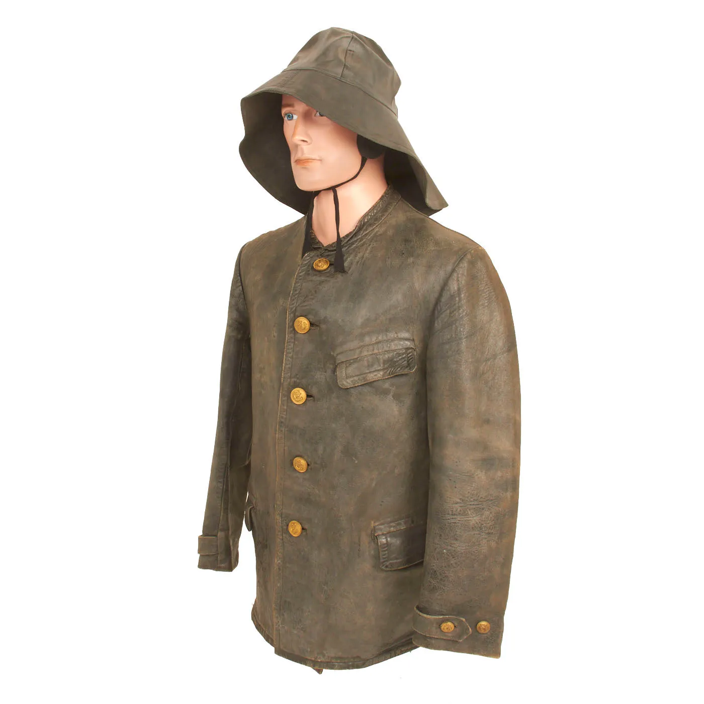 Original WWII German Kriegsmarine Leather Deck Jacket and Rubber Foul Weather Hat - dated 1942