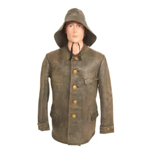 Original WWII German Kriegsmarine Leather Deck Jacket and Rubber Foul Weather Hat - dated 1942