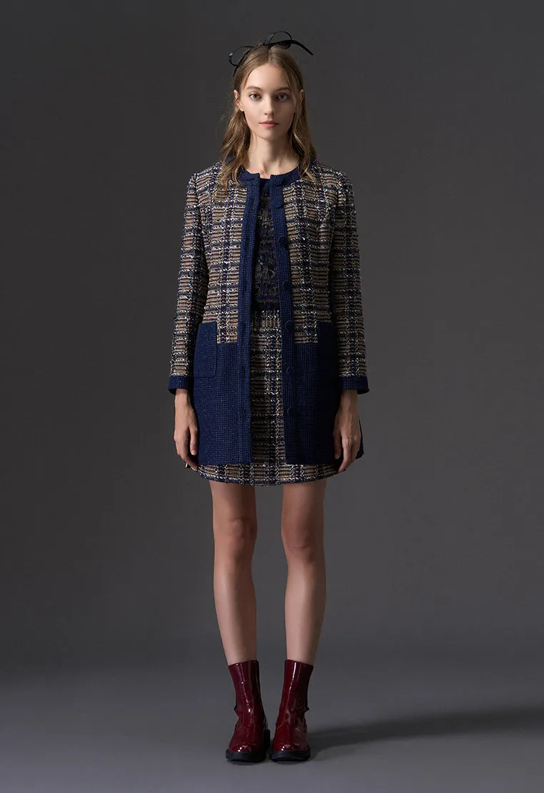 Patchwork Yellow and Dark Blue Tweed Coat