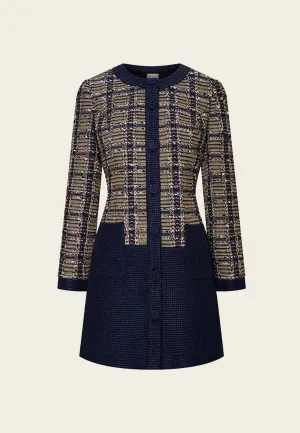 Patchwork Yellow and Dark Blue Tweed Coat