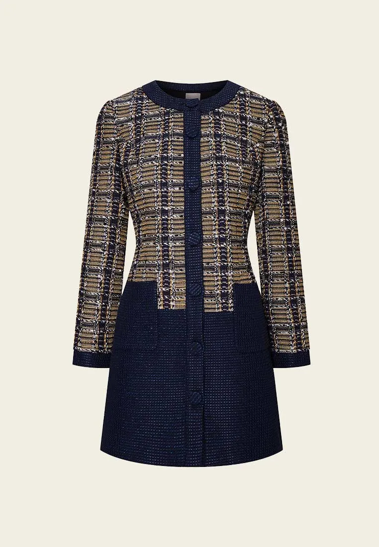 Patchwork Yellow and Dark Blue Tweed Coat