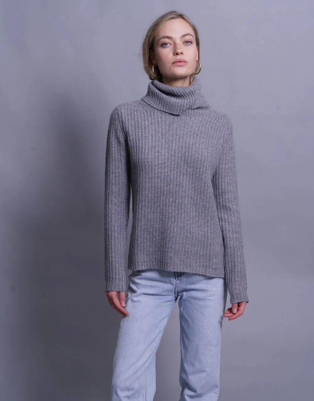 Rib Knit Turtleneck Sweater in Grey Marl