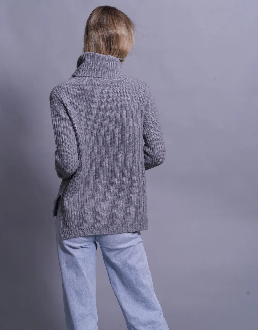 Rib Knit Turtleneck Sweater in Grey Marl