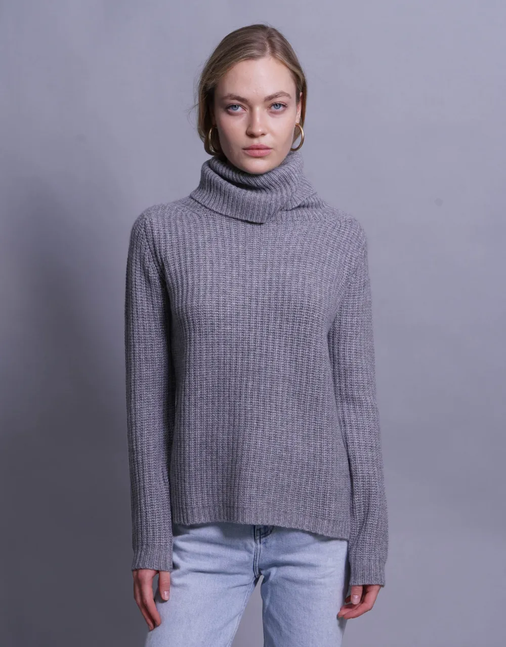 Rib Knit Turtleneck Sweater in Grey Marl