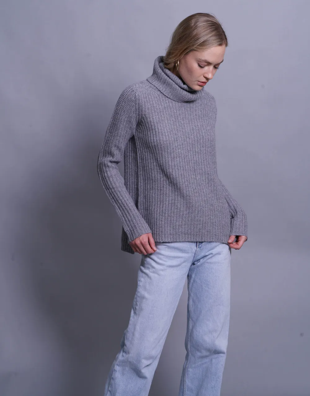 Rib Knit Turtleneck Sweater in Grey Marl