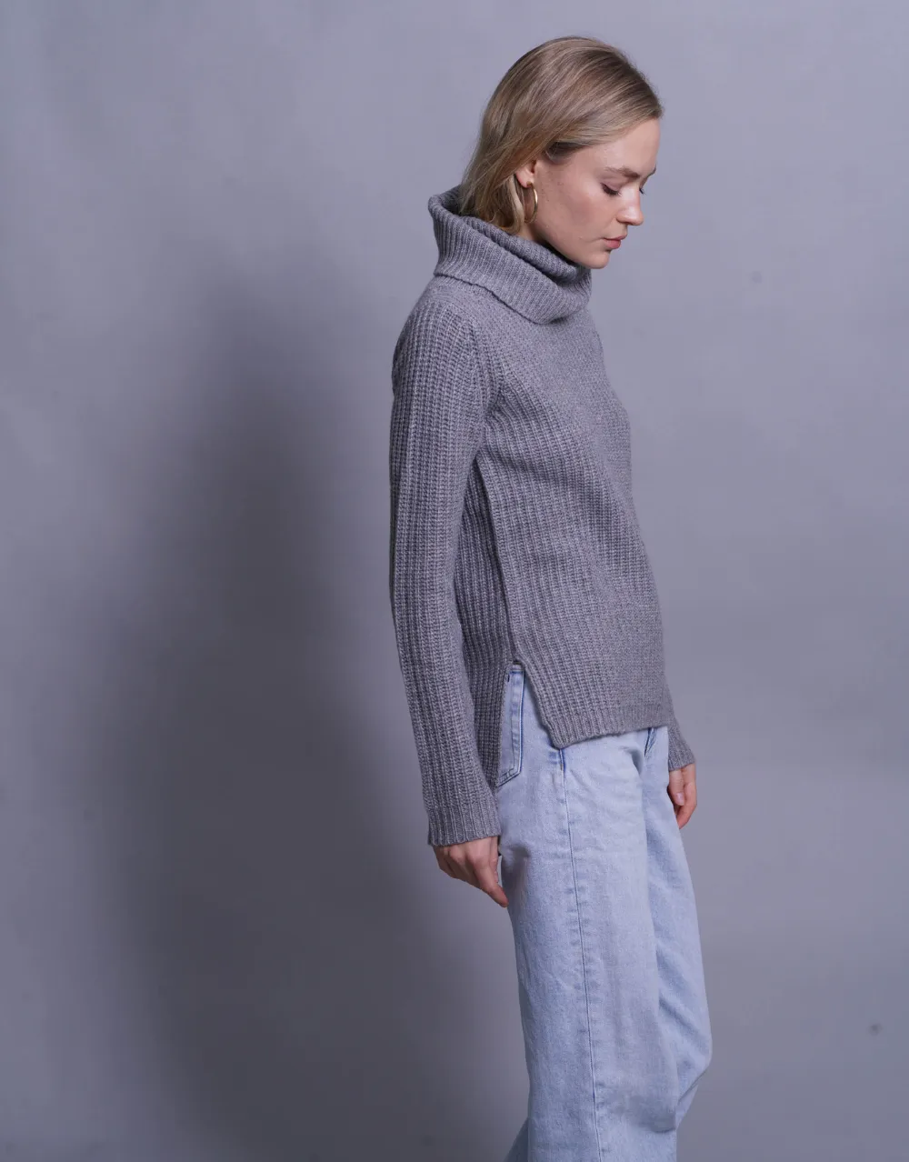 Rib Knit Turtleneck Sweater in Grey Marl