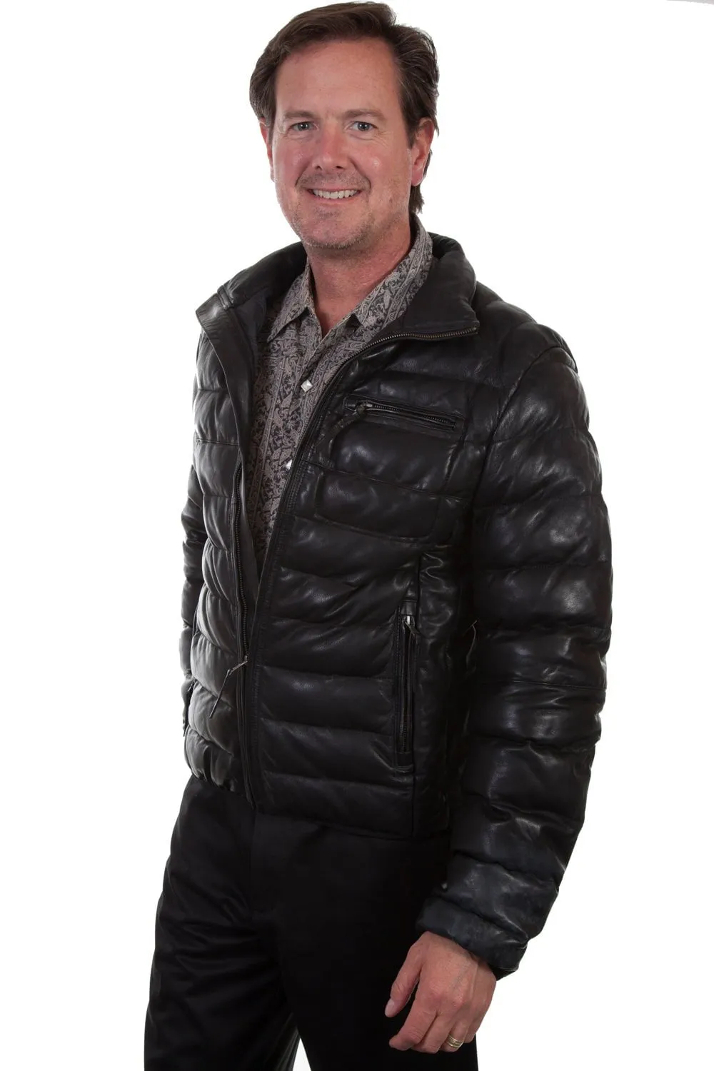 Scully Mens Ribbed Puffer Black Leather Leather Jacket