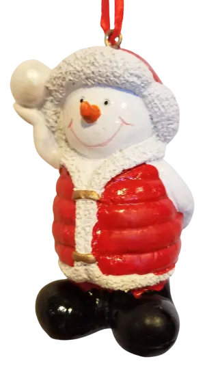 Snowman Ornament Wearing Red Jacket/Red Hat Standing & Throwing a Snowball 3"