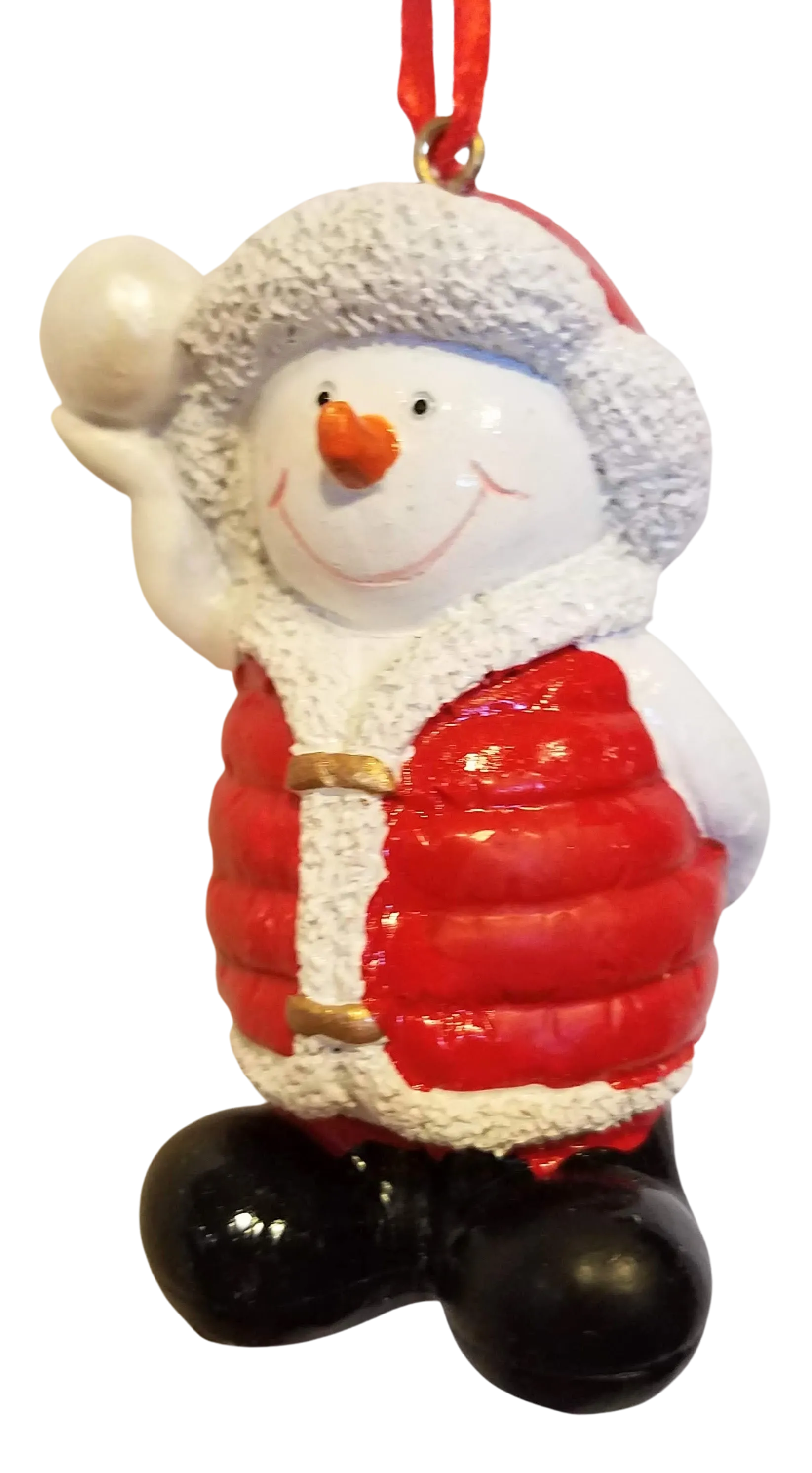 Snowman Ornament Wearing Red Jacket/Red Hat Standing & Throwing a Snowball 3"