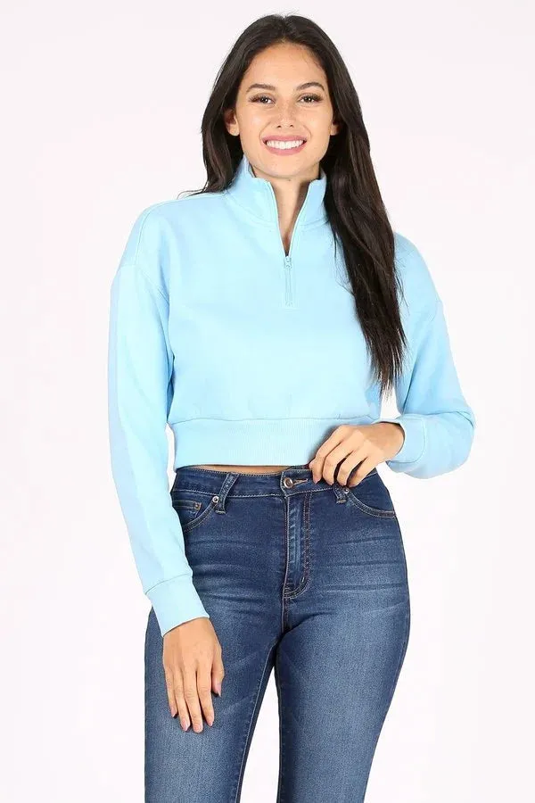 SOLID CROPPED PULLOVER SWEATER WITH LONG SLEEVES