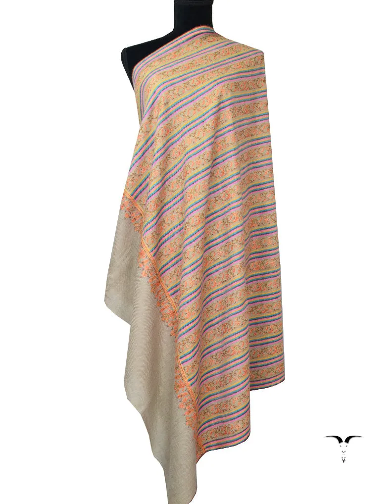 Striped Pashmina Shawl In Grey With Sozni Work 5386