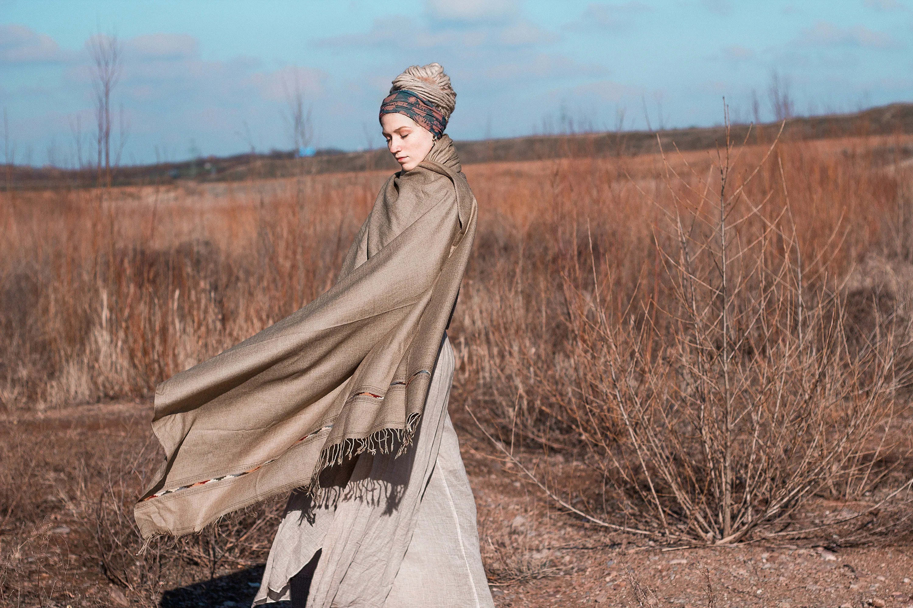 TATHAGATHA Light Brown Oversized Meditation Shawl Handwoven Pure Cashmere Wool Embroidered Blanket Handmade Winter Zen Wrap Himalayan AJJAYA