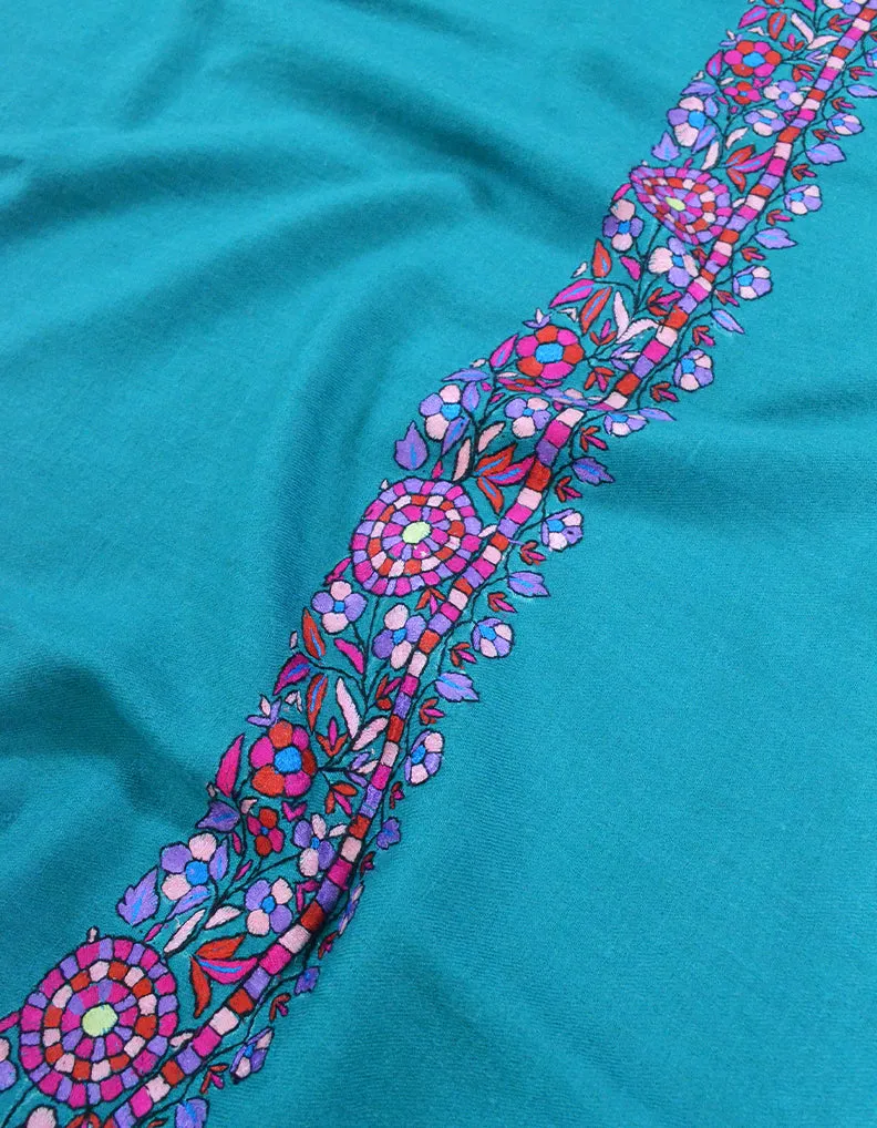 Teal Blue Pashmina Shawl With Papermachie Work 7091