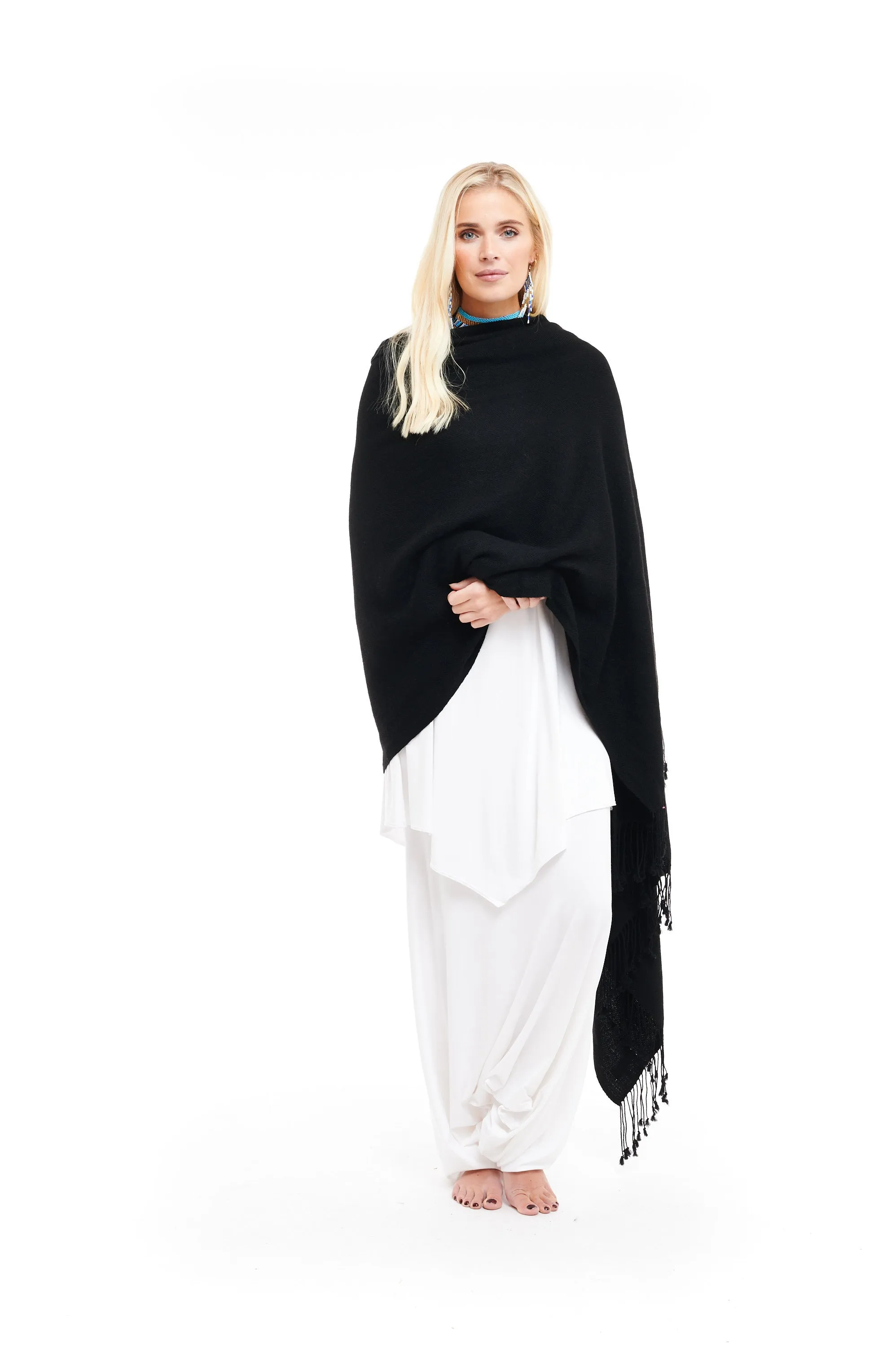 THICK LUXURY CASHMERE HERRINGBONE SHAWL - BLACK