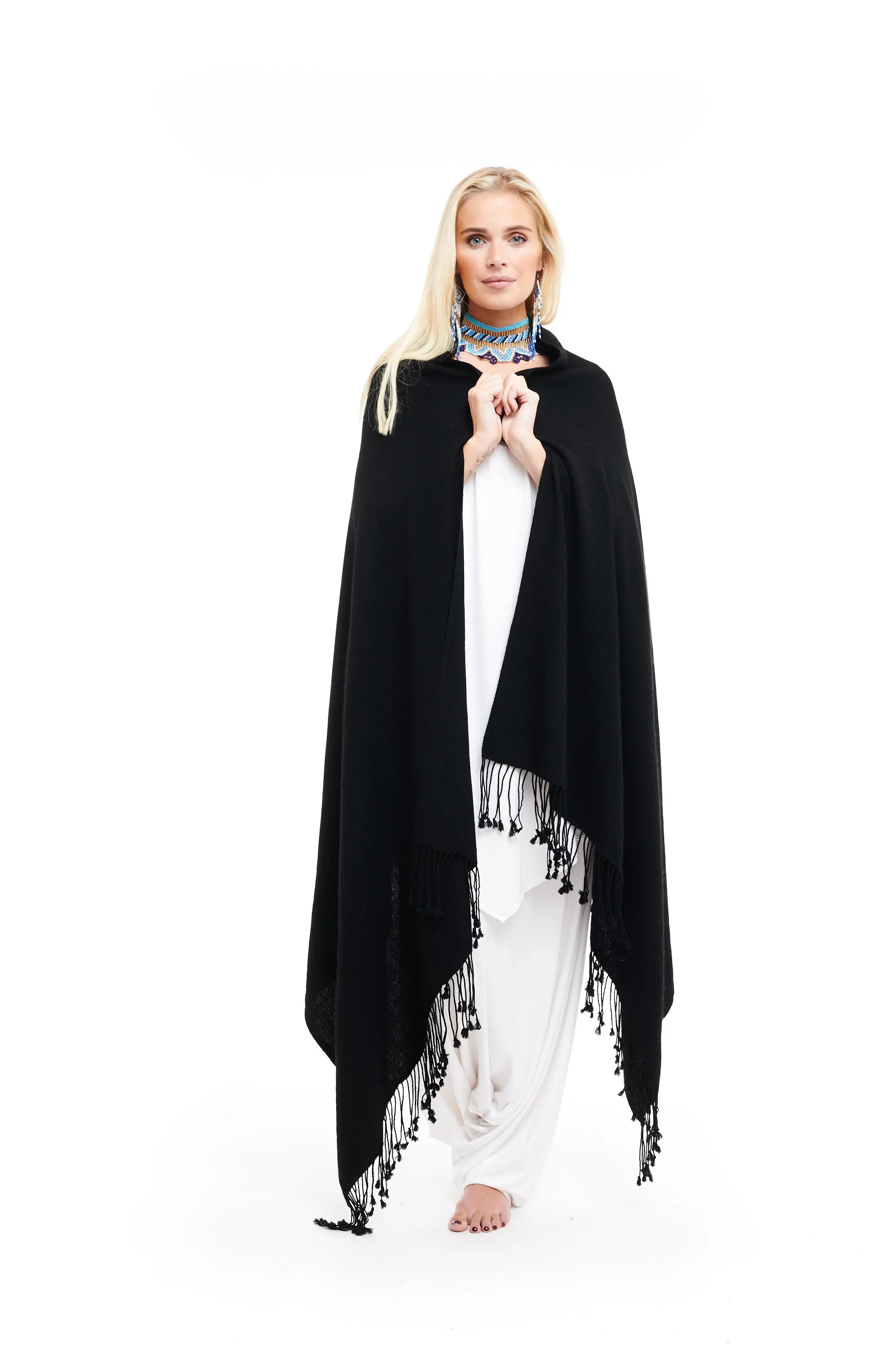 THICK LUXURY CASHMERE HERRINGBONE SHAWL - BLACK