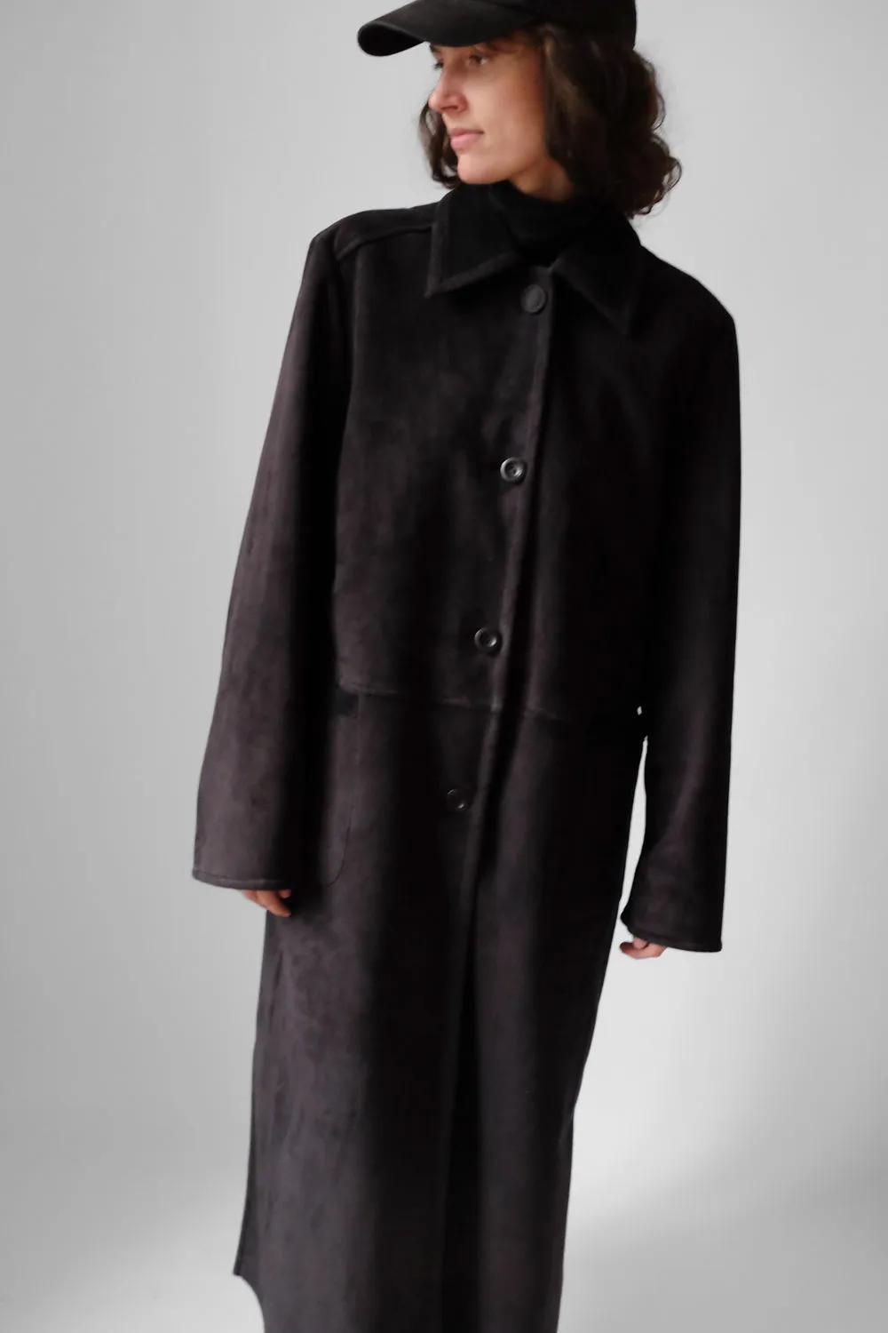 VINTAGE BLACK MAXI WARM FAUX SUEDE COAT