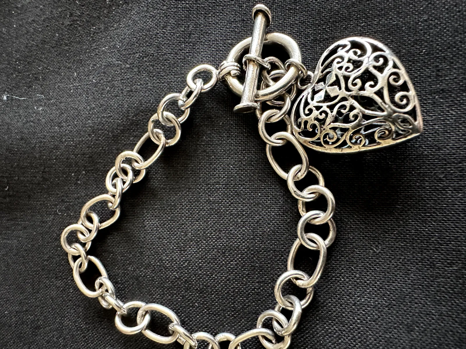 Vintage Silver Filigree T Bar Bracelet with large Heart charm