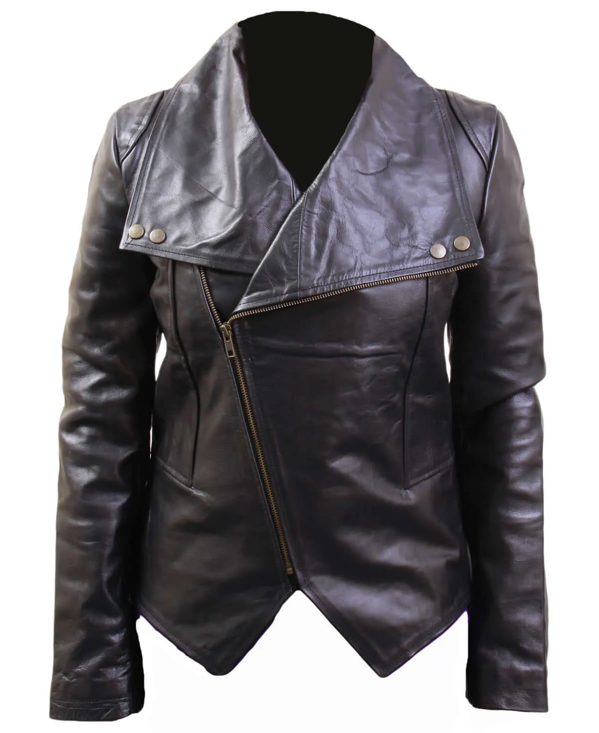 Women’s Big Wide Collar Black Biker Leather Jacket