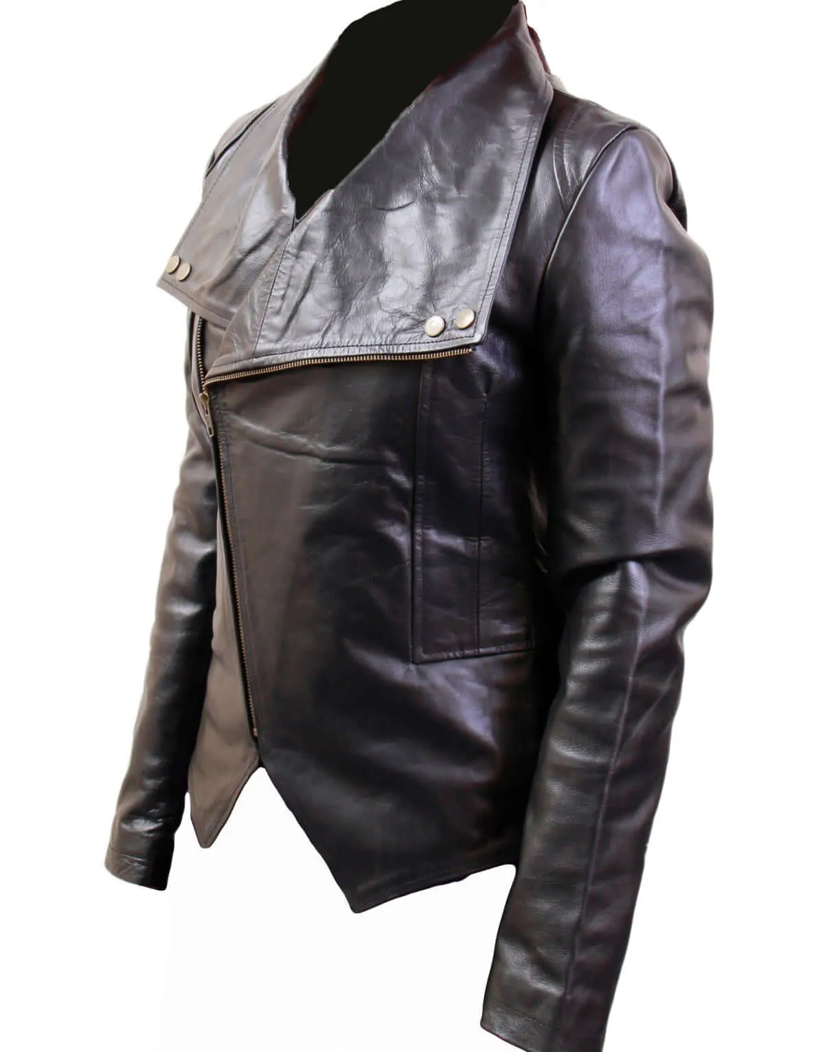 Women’s Big Wide Collar Black Biker Leather Jacket