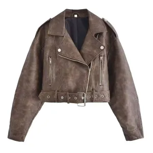 Women's Leather Jacket Bomber Belt Vintage Turn Down Collar Zipper Short Coat