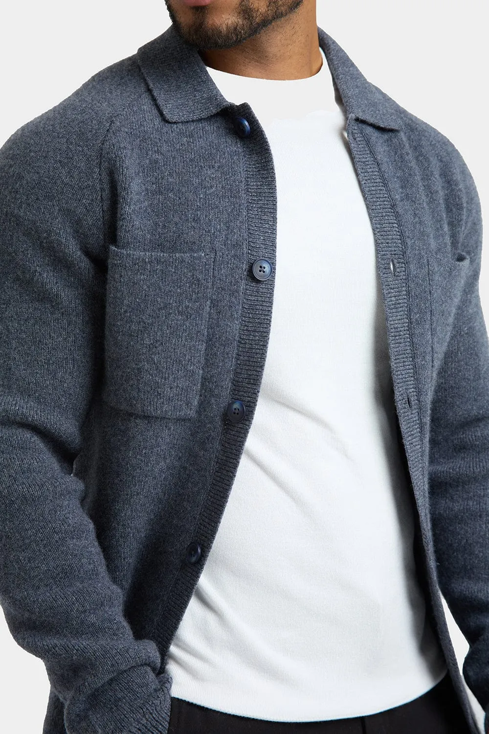 Wool Button Through Cardigan in Dark Grey Marl